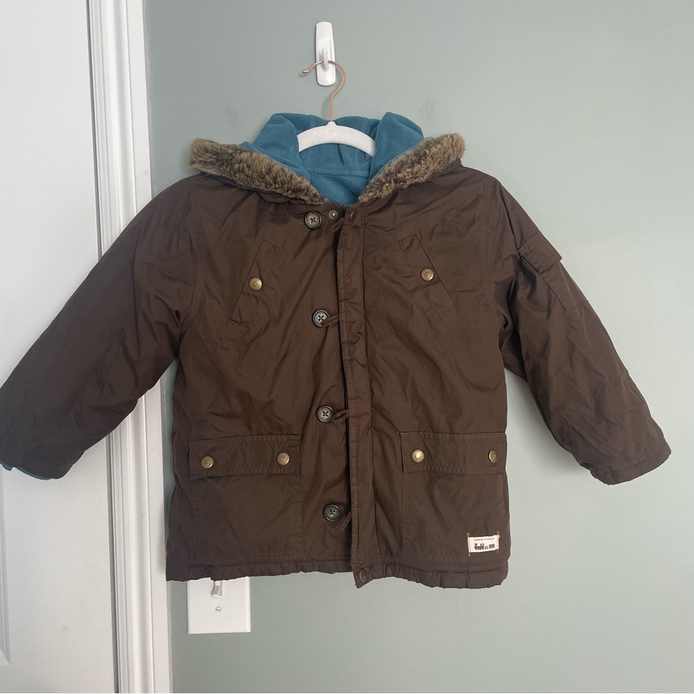 Janie and Jack Brown Puffer Utility Coat Blue Fleece Jacket Insert Faux Fur Hood